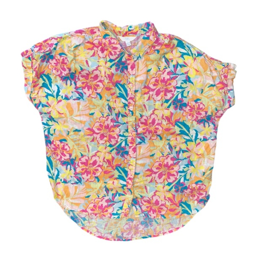 Time & Tru Linen Floral Rolled Sleeve Button Down Shirt Colorful Size Large